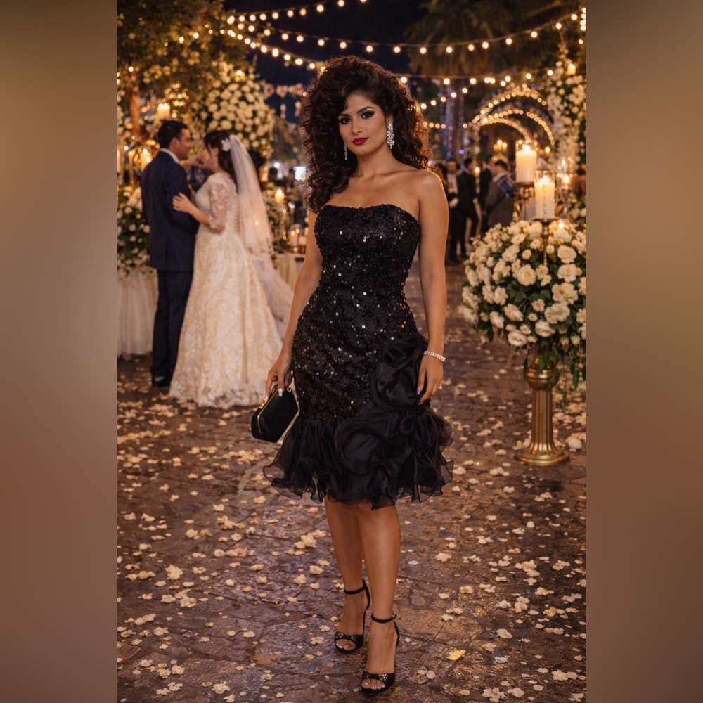 Midnight Glo Vintage Strapless Black Sequin Party Dress – Ruffle Cocktail Dress